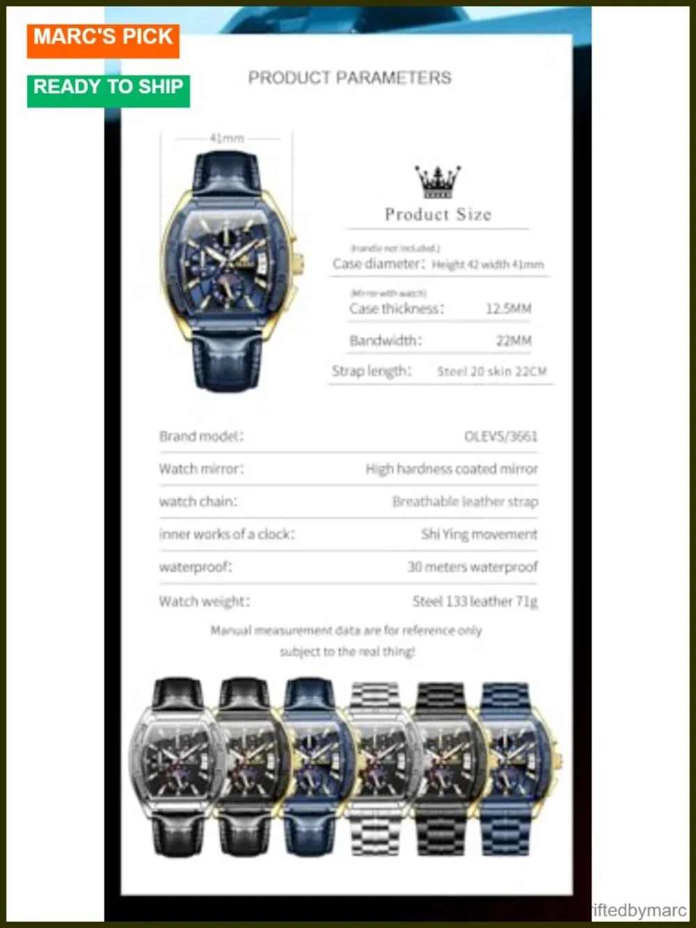 Quartz Chronograph Square Dress Watch Stainless Steel or Leather Waterproof